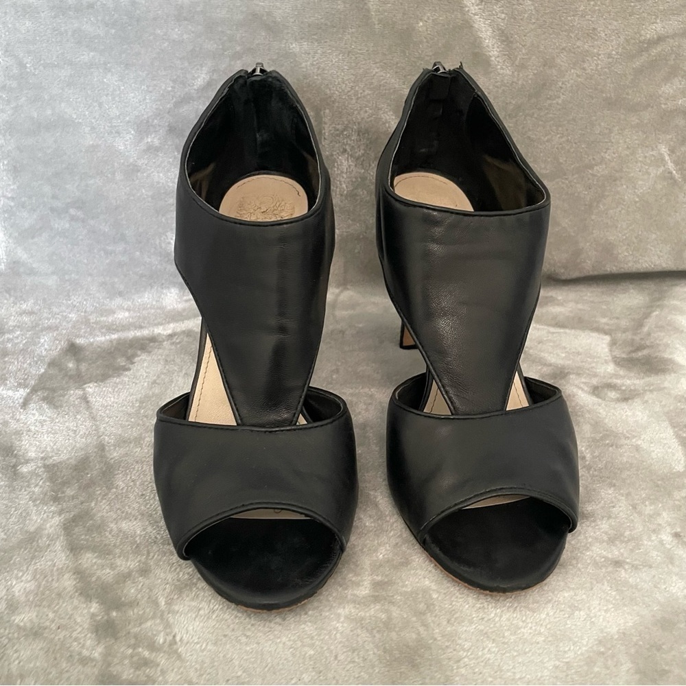 Vince Camuto Seena1 Black Nappa Open Toe Leather Bootie Heels Zip Back Sz 9